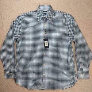 David Chu NWT Shirt L Blue White  Gingham Check Turkey Button Down Collar Cotton